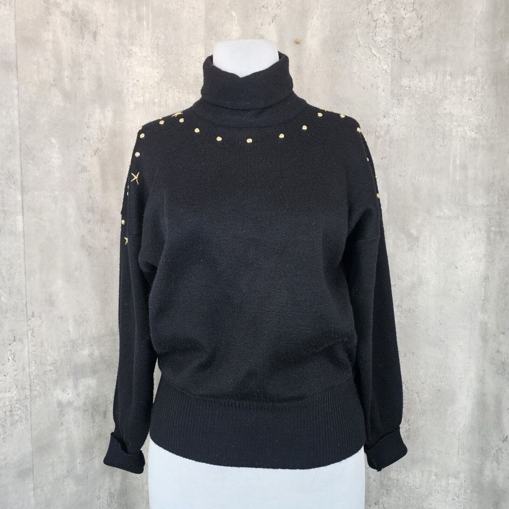 Vintage 80s Meister Womens M Black Knit Turtleneck Sweater Brass Studded Detail